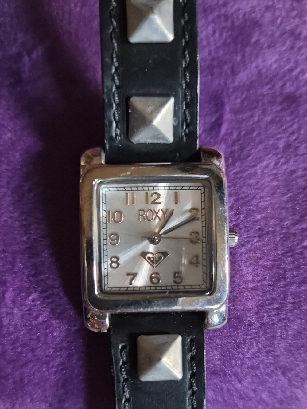 Roxy Silver-Tone Square Dial Watch with Black Leather Studded Strap